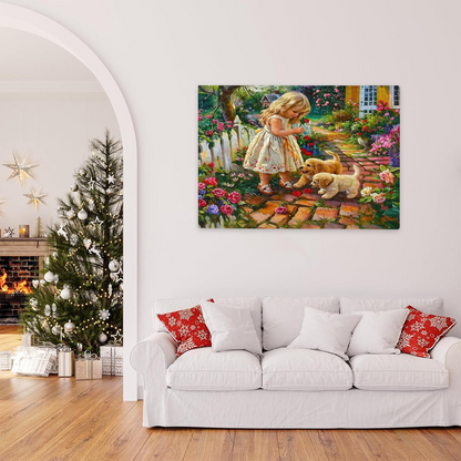 Sweet Little Girl & Golden Puppies Floral Garden Puzzle