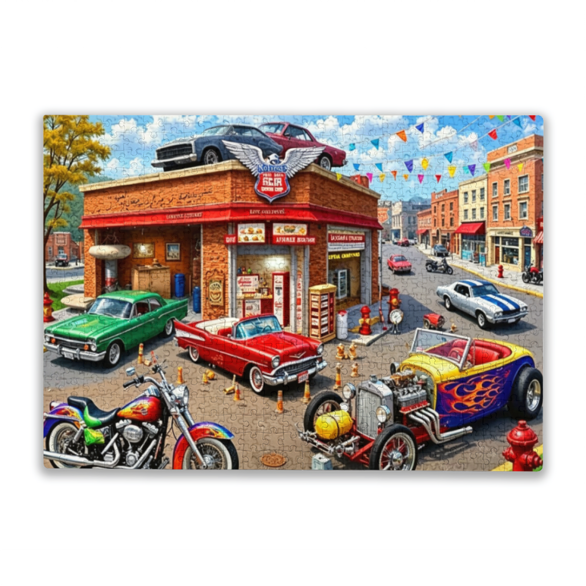 Retro American Garage Town ¨C Classic Hot Rods & Motorcycles Puzzle