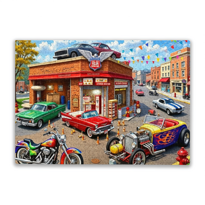 Retro American Garage Town ¨C Classic Hot Rods & Motorcycles Puzzle