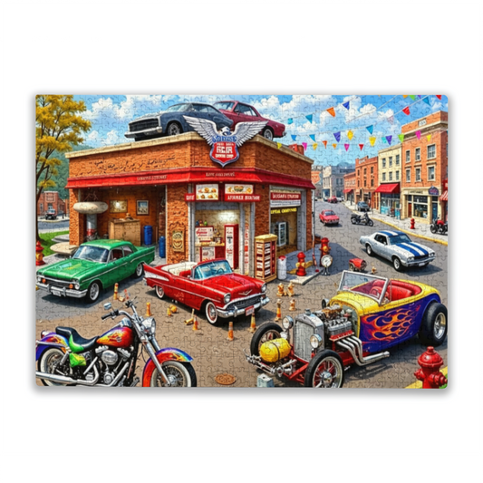 Retro American Garage Town ¨C Classic Hot Rods & Motorcycles Puzzle