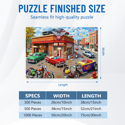 Retro American Garage Town ¨C Classic Hot Rods & Motorcycles Puzzle