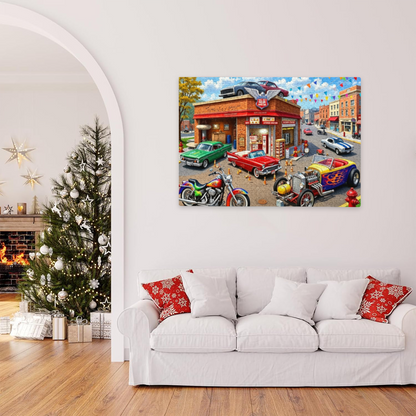 Retro American Garage Town ¨C Classic Hot Rods & Motorcycles Puzzle