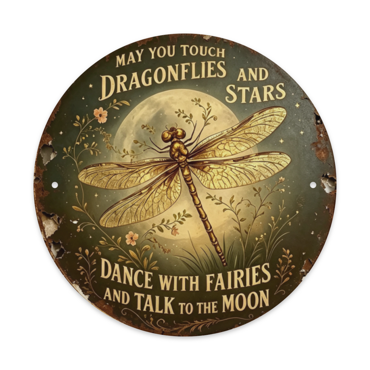 Whimsical Dragonfly Moon Round Metal Tin Sign ¨C May You Touch Dragonflies And Stars