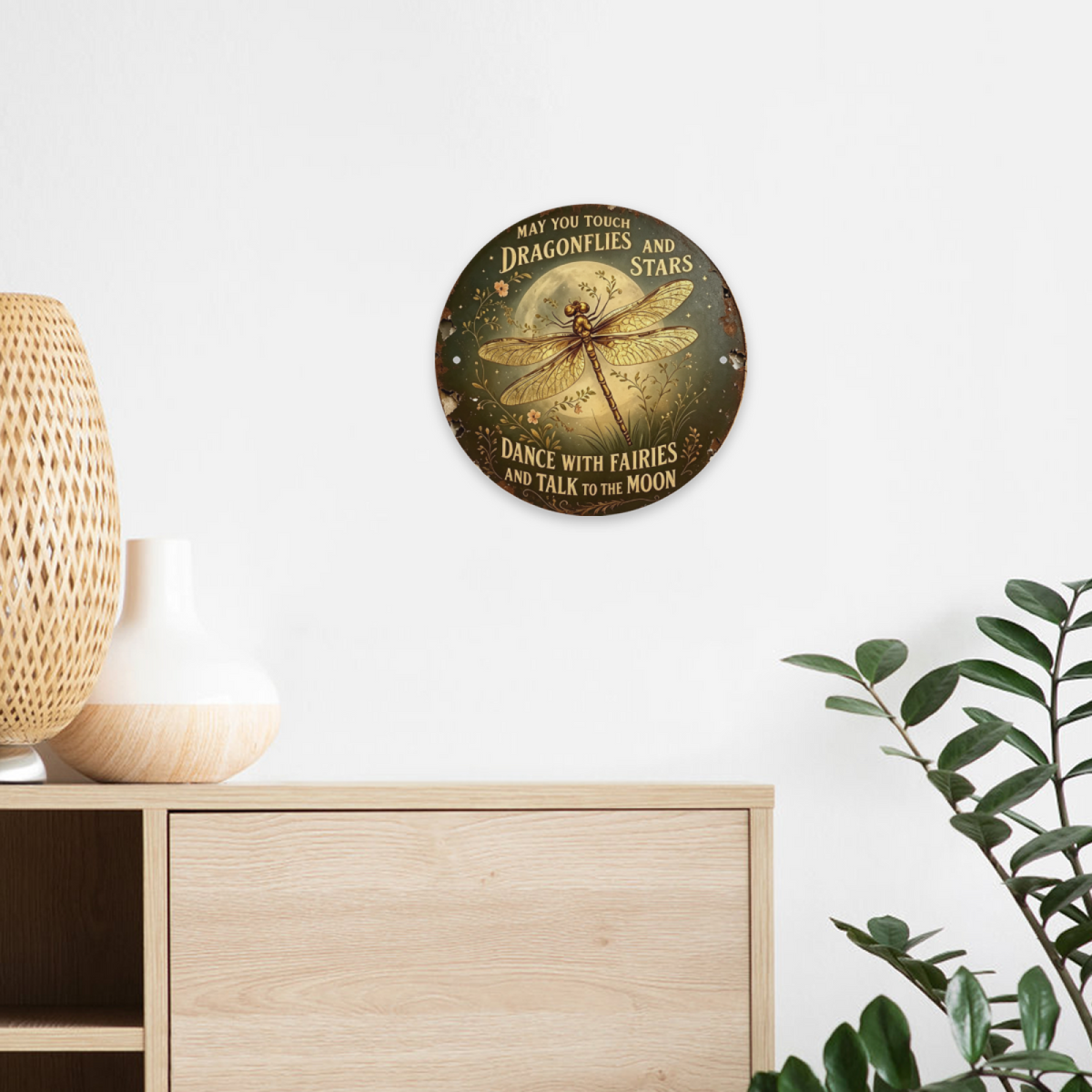 Whimsical Dragonfly Moon Round Metal Tin Sign ¨C May You Touch Dragonflies And Stars