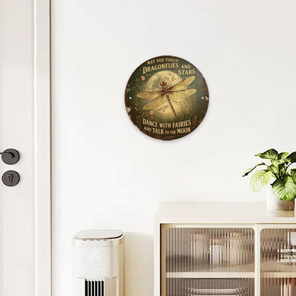 Whimsical Dragonfly Moon Round Metal Tin Sign ¨C May You Touch Dragonflies And Stars
