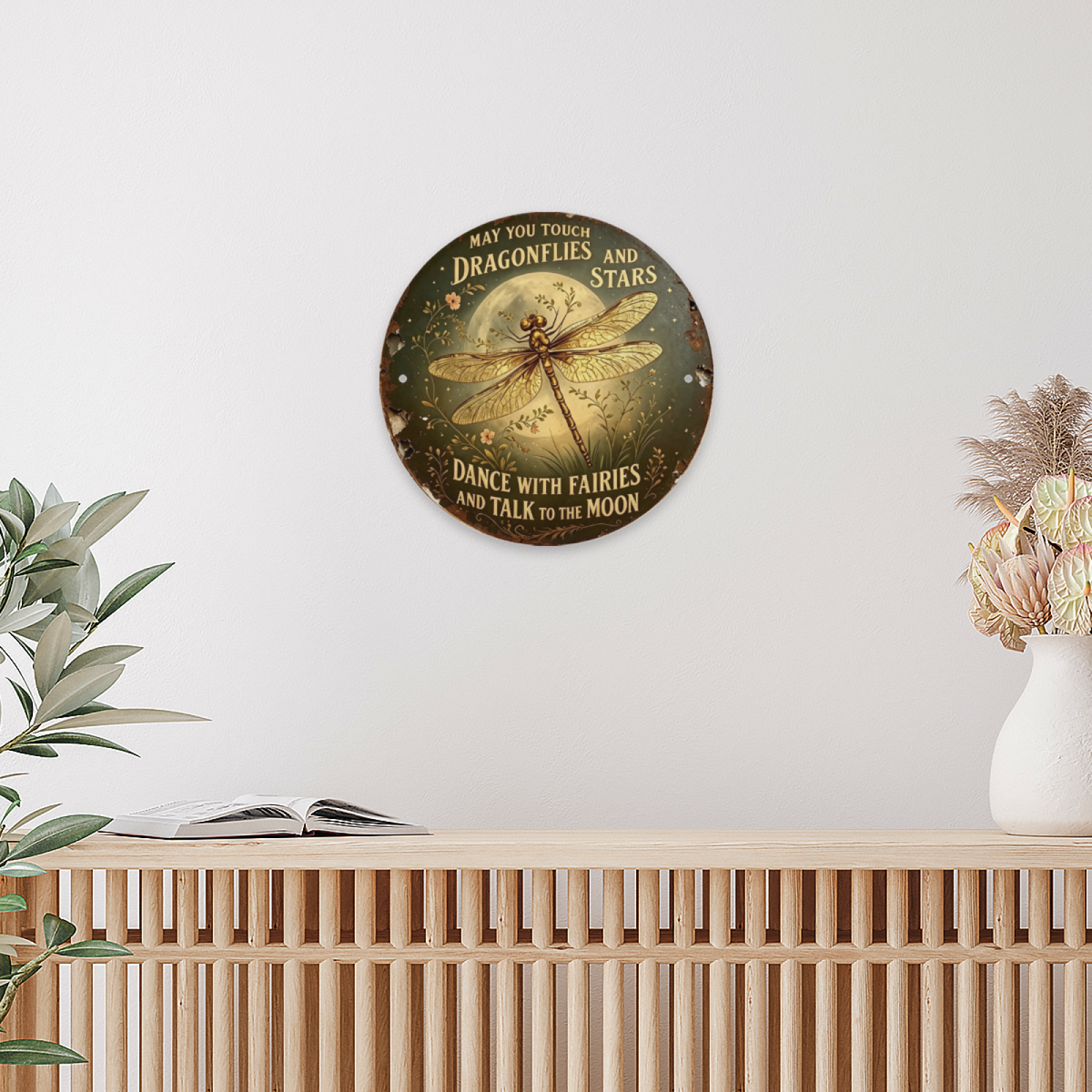 Whimsical Dragonfly Moon Round Metal Tin Sign ¨C May You Touch Dragonflies And Stars