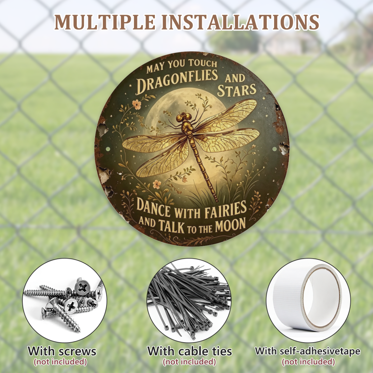 Whimsical Dragonfly Moon Round Metal Tin Sign ¨C May You Touch Dragonflies And Stars