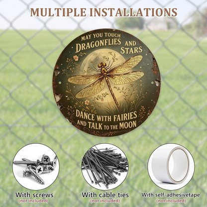 Whimsical Dragonfly Moon Round Metal Tin Sign ¨C May You Touch Dragonflies And Stars