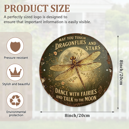 Whimsical Dragonfly Moon Round Metal Tin Sign ¨C May You Touch Dragonflies And Stars