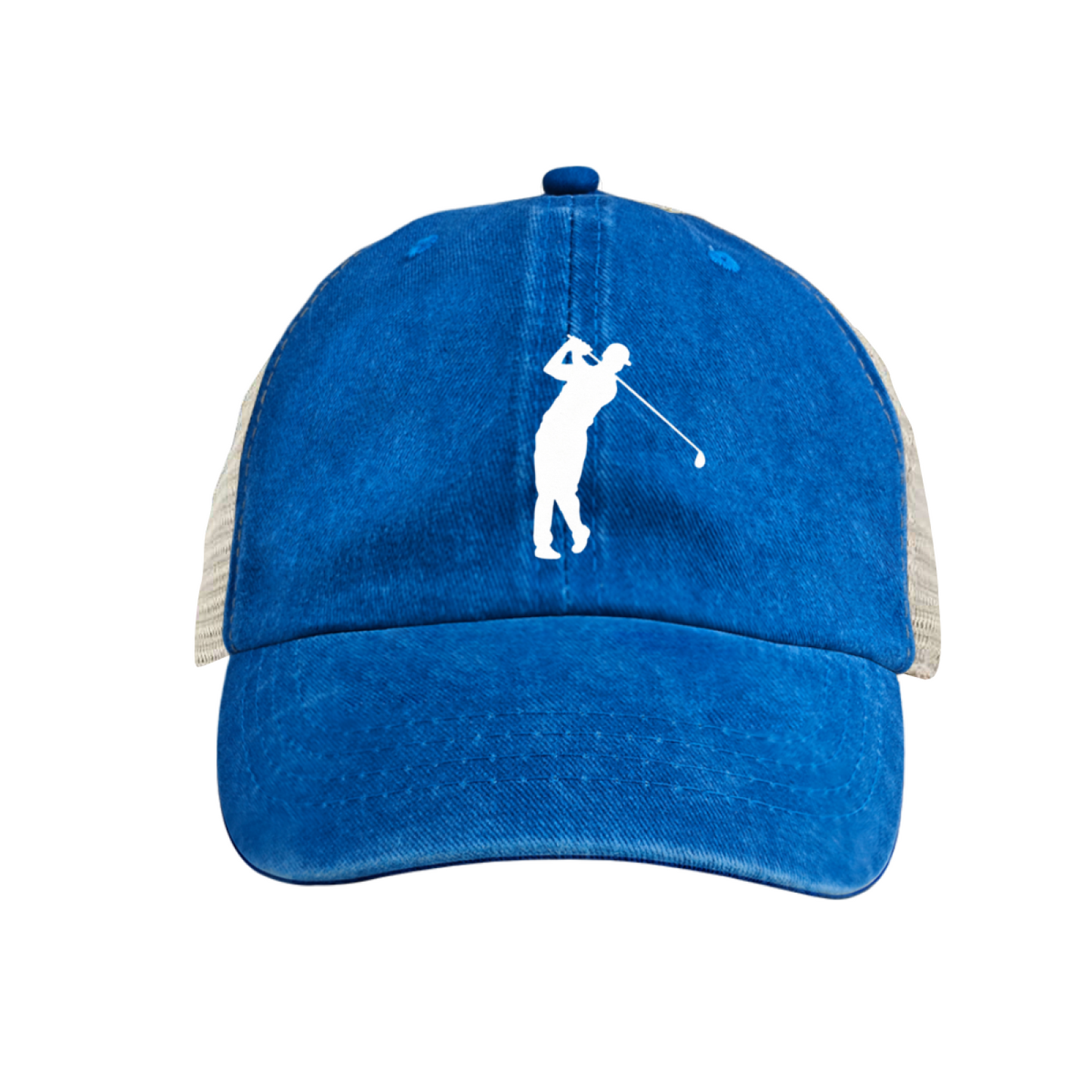 Golfer Silhouette Maroon Washed Mesh Trucker Hat, Golf Sports Retro Distressed Mesh Cap