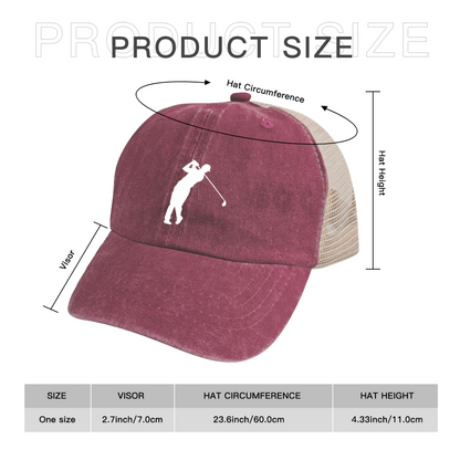 Golfer Silhouette Maroon Washed Mesh Trucker Hat, Golf Sports Retro Distressed Mesh Cap