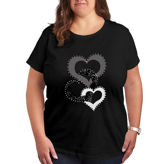 Sparkling Grey White Overlay Rhinestone Hearts Plus Size Women Printed T-Shirt