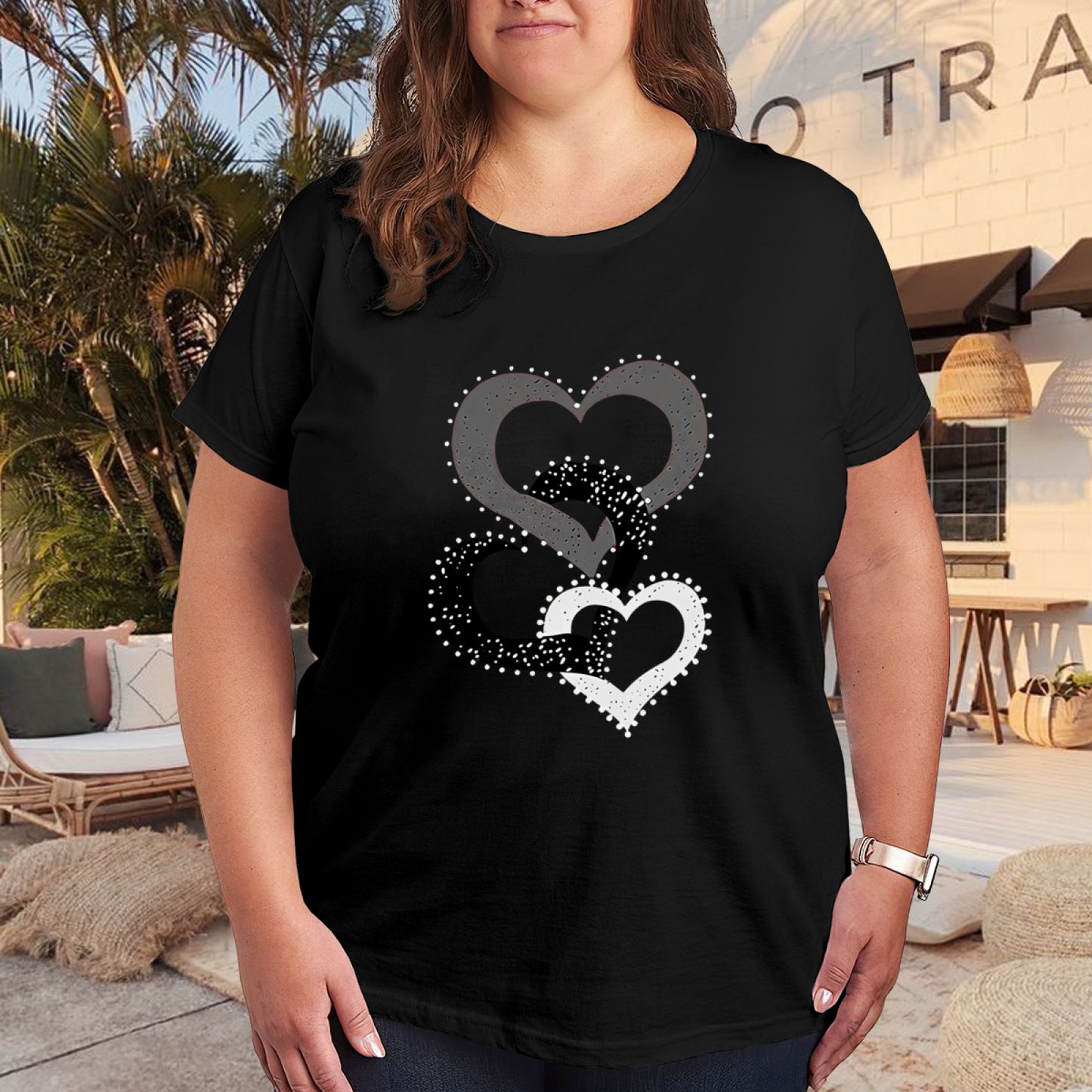 Sparkling Grey White Overlay Rhinestone Hearts Plus Size Women Printed T-Shirt