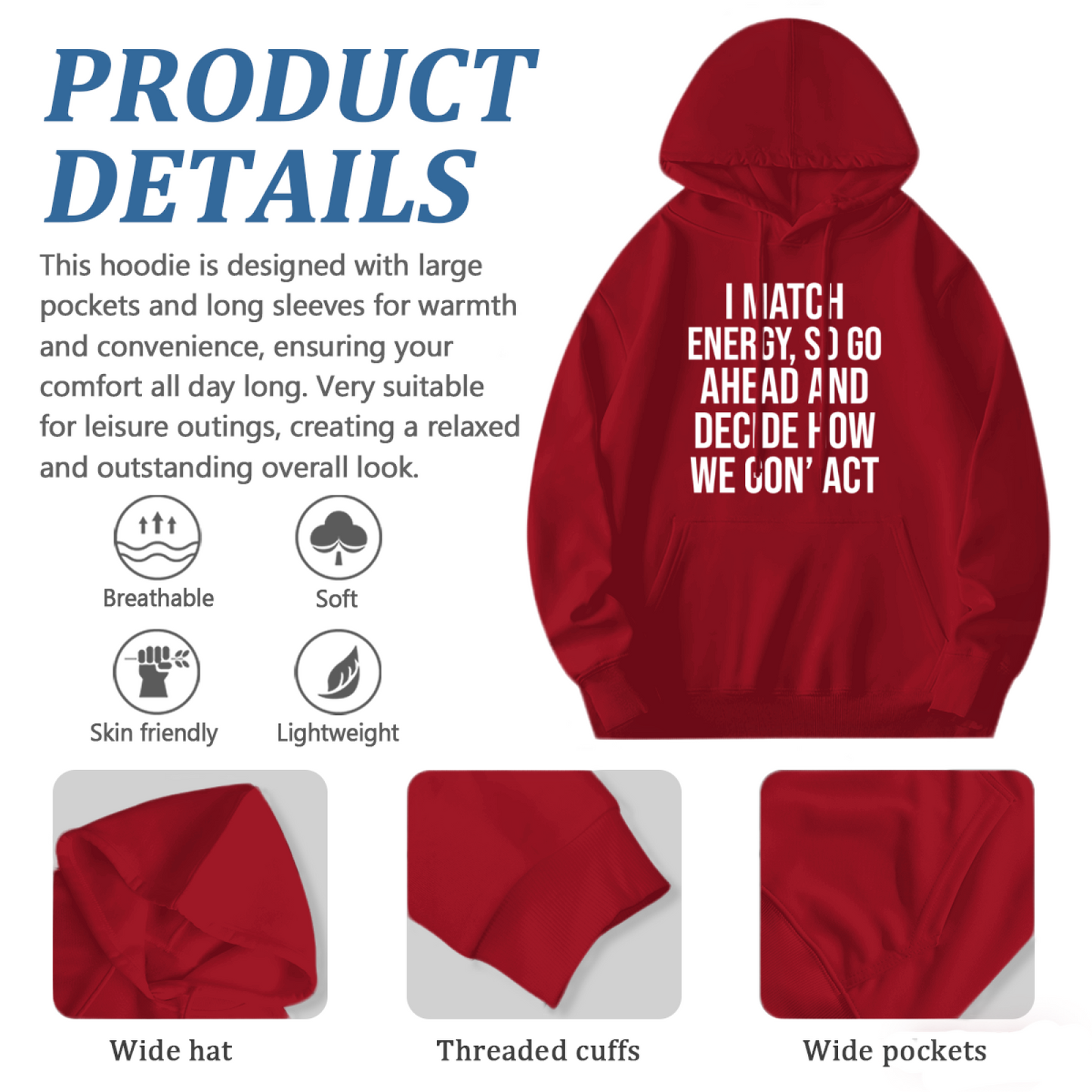 Attitude Energy Quote Statement Red Hoodie, Ultra Soft Casual Streetwear Hoodie