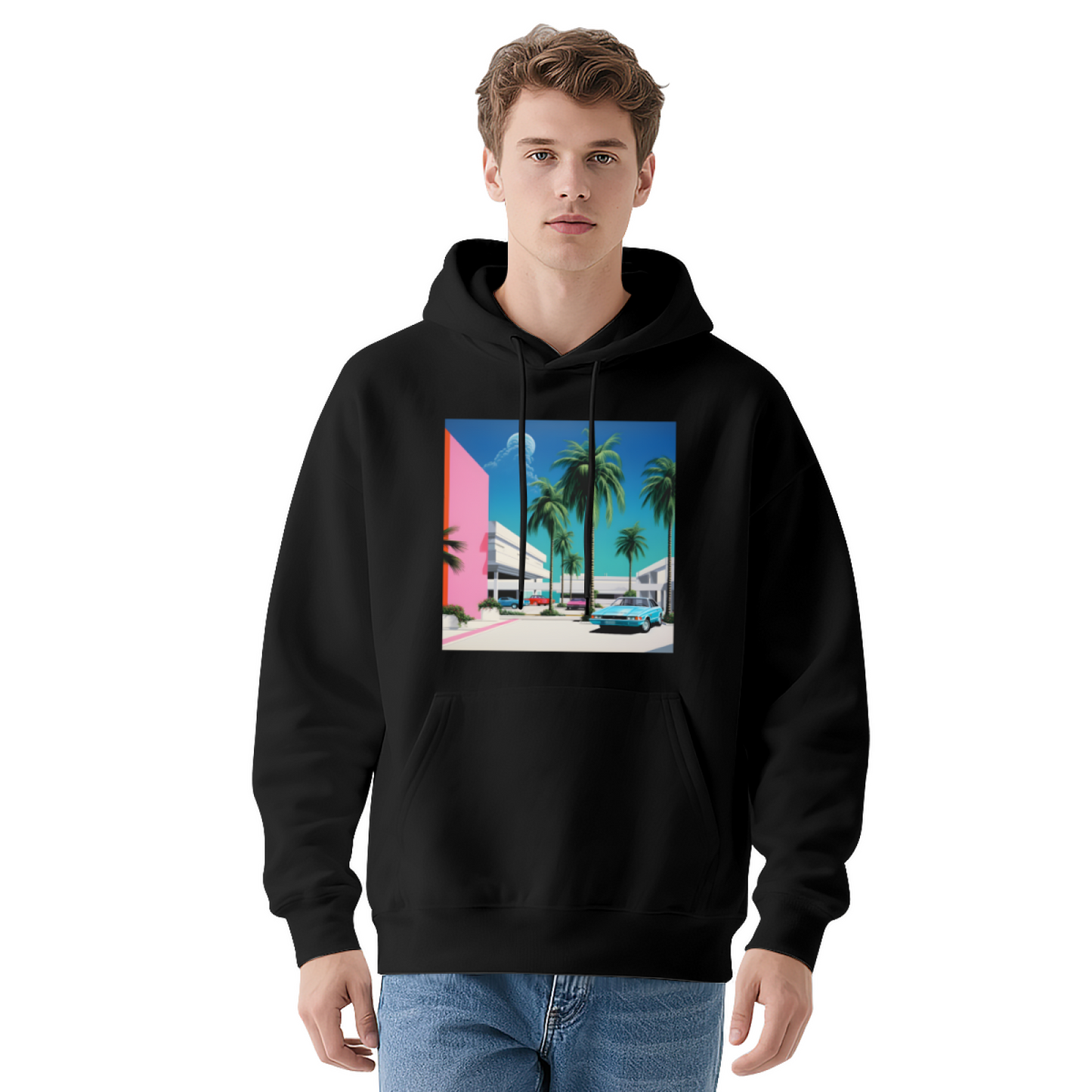 90s Vaporwave Palm Tree Retro Car Art Hoodie, Unisex Cozy Comfort Pullover