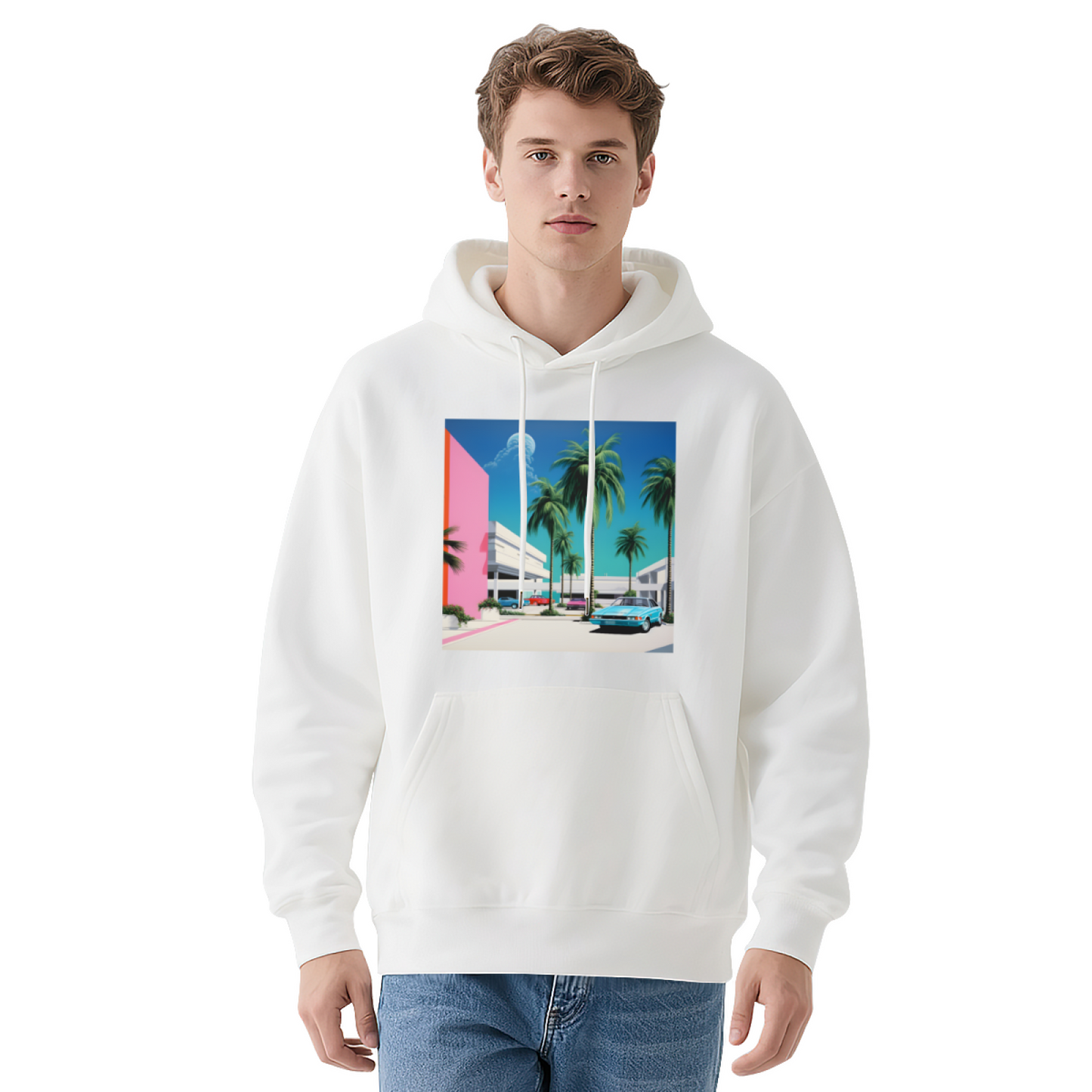 90s Vaporwave Palm Tree Retro Car Art Hoodie, Unisex Cozy Comfort Pullover