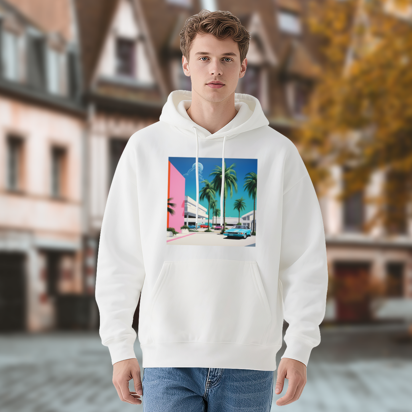 90s Vaporwave Palm Tree Retro Car Art Hoodie, Unisex Cozy Comfort Pullover