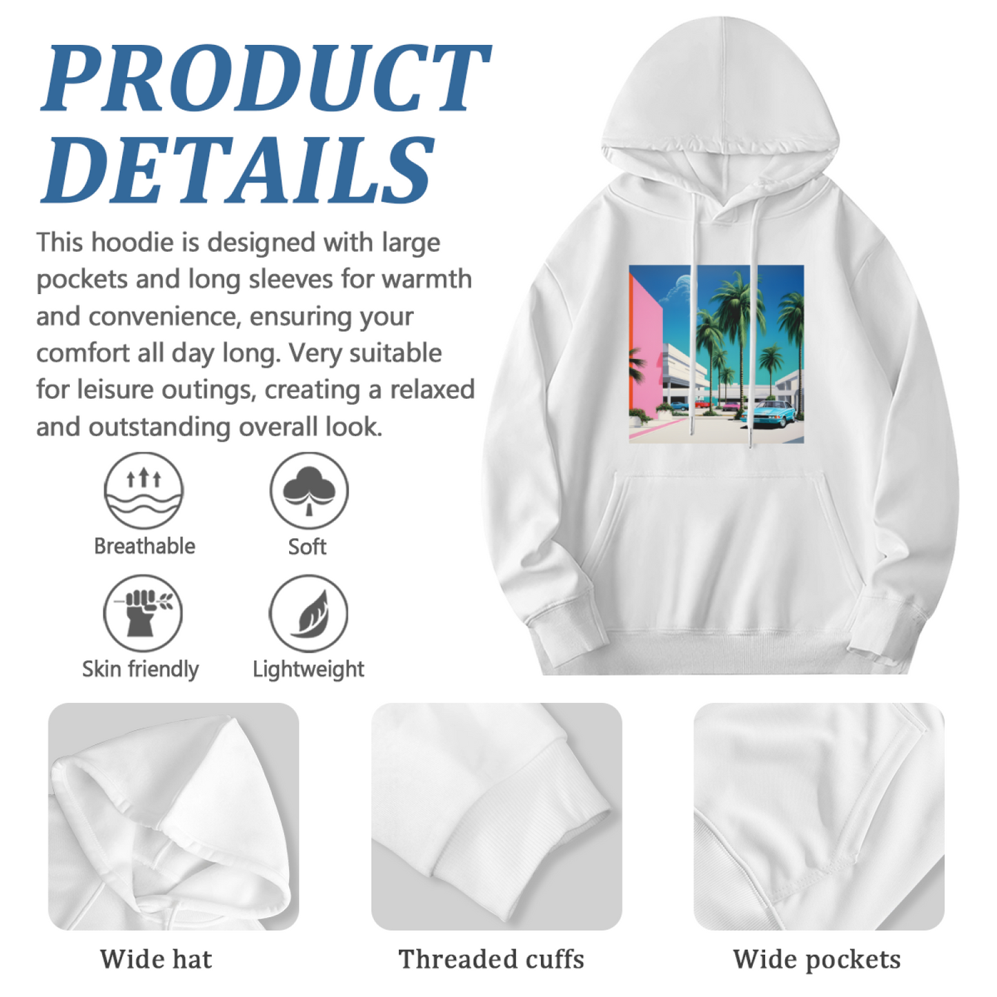 90s Vaporwave Palm Tree Retro Car Art Hoodie, Unisex Cozy Comfort Pullover