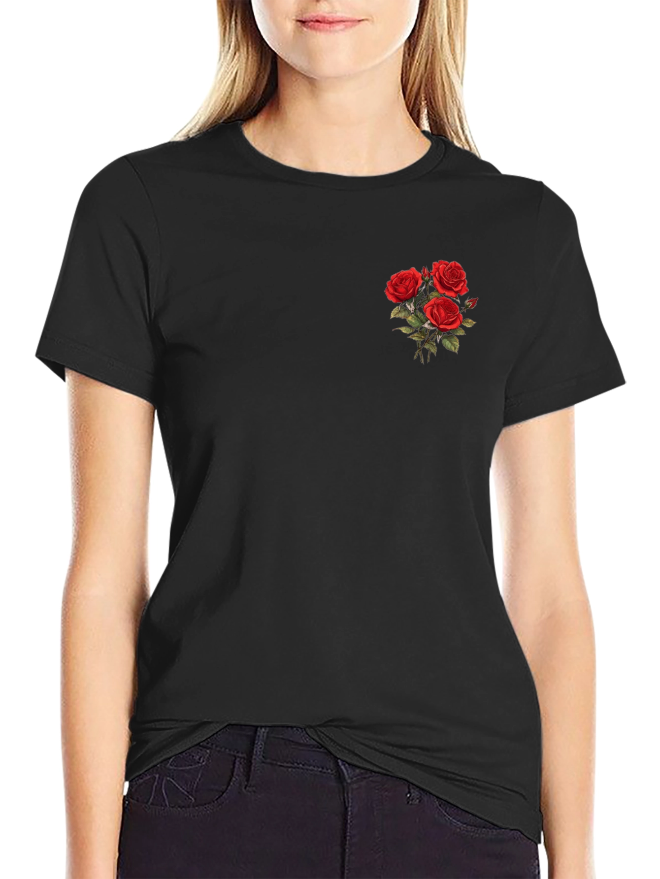 Mens Black T-Shirt with Rose Bouquet Design