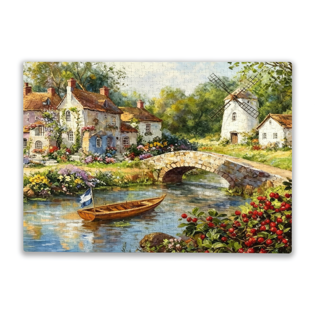 Charming Riverside Village with Windmill ¨C Serene Country Oil Painting Puzzle
