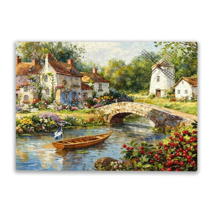 Charming Riverside Village with Windmill ¨C Serene Country Oil Painting Puzzle