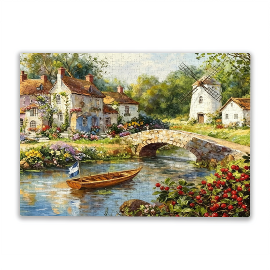 Charming Riverside Village with Windmill ¨C Serene Country Oil Painting Puzzle