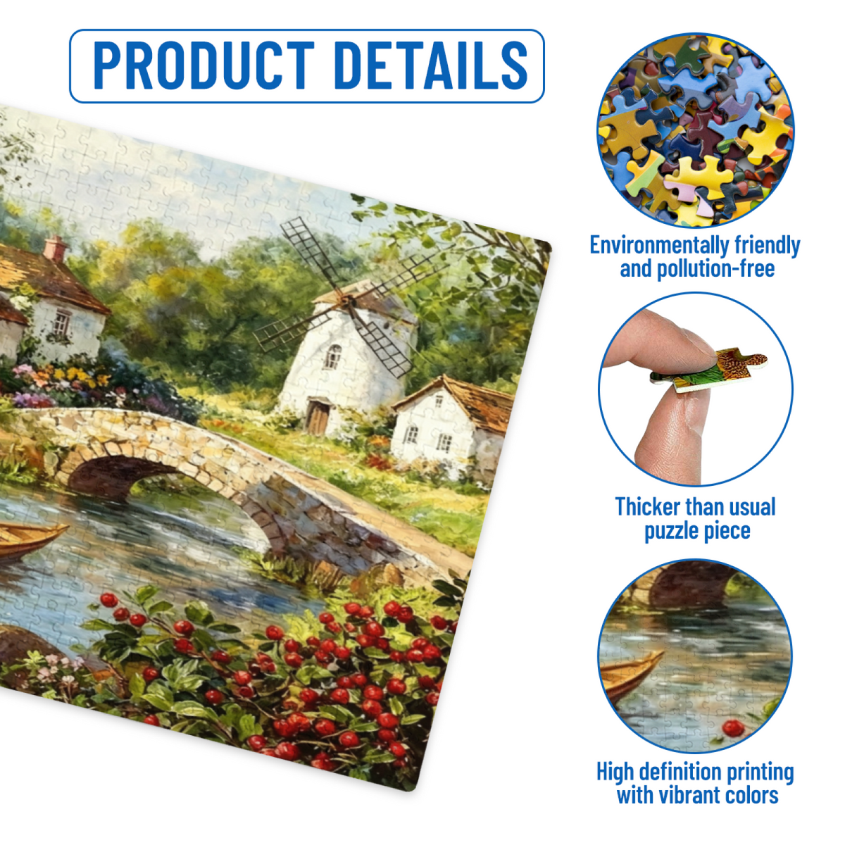 Charming Riverside Village with Windmill ¨C Serene Country Oil Painting Puzzle