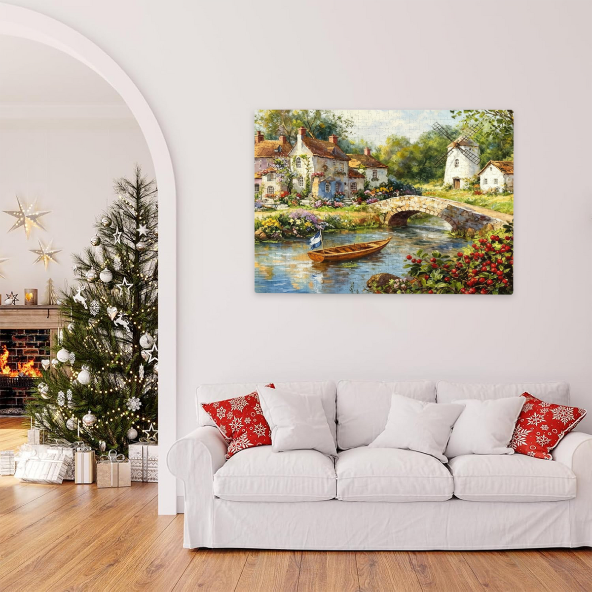 Charming Riverside Village with Windmill ¨C Serene Country Oil Painting Puzzle