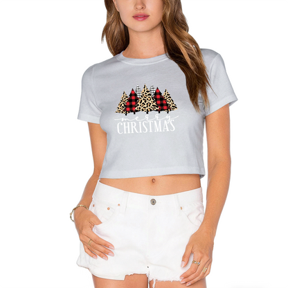 Retro Plaid Leopard Christmas Tree Holiday Red Crop Top
