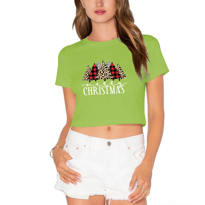Retro Plaid Leopard Christmas Tree Holiday Red Crop Top