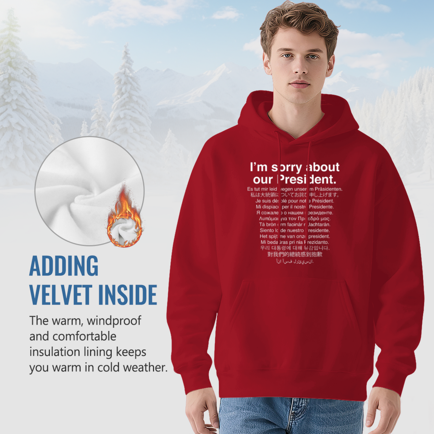 Multilingual I¡¯m Sorry About Our President Statement Hoodie, Men¡¯s Trendy Comfort Pullover