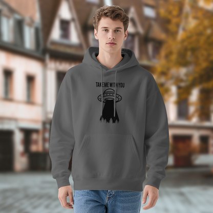 UFO Alien Graphic Dark Grey Unisex Hoodie, Loose Cozy Wear