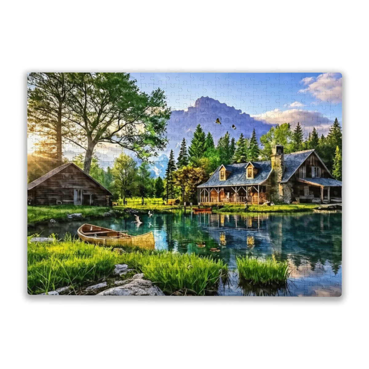Serene Summer Mountain Lake Cabin & Canoe Nature Scenic Puzzle | 300/500/1000 Pieces