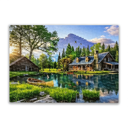 Serene Summer Mountain Lake Cabin & Canoe Nature Scenic Puzzle | 300/500/1000 Pieces