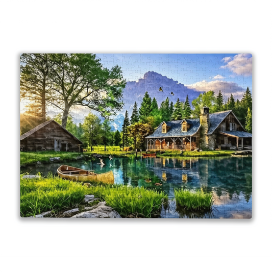 Serene Summer Mountain Lake Cabin & Canoe Nature Scenic Puzzle | 300/500/1000 Pieces