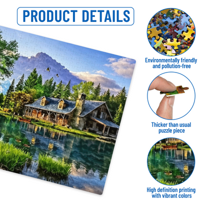 Serene Summer Mountain Lake Cabin & Canoe Nature Scenic Puzzle | 300/500/1000 Pieces