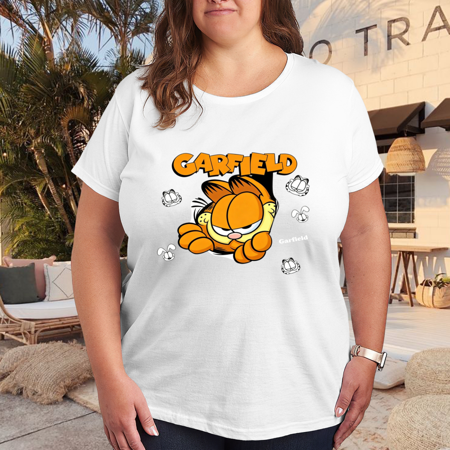 Retro Lazy Garfield Cartoon Cute Plus Size Women Printed T-Shirt