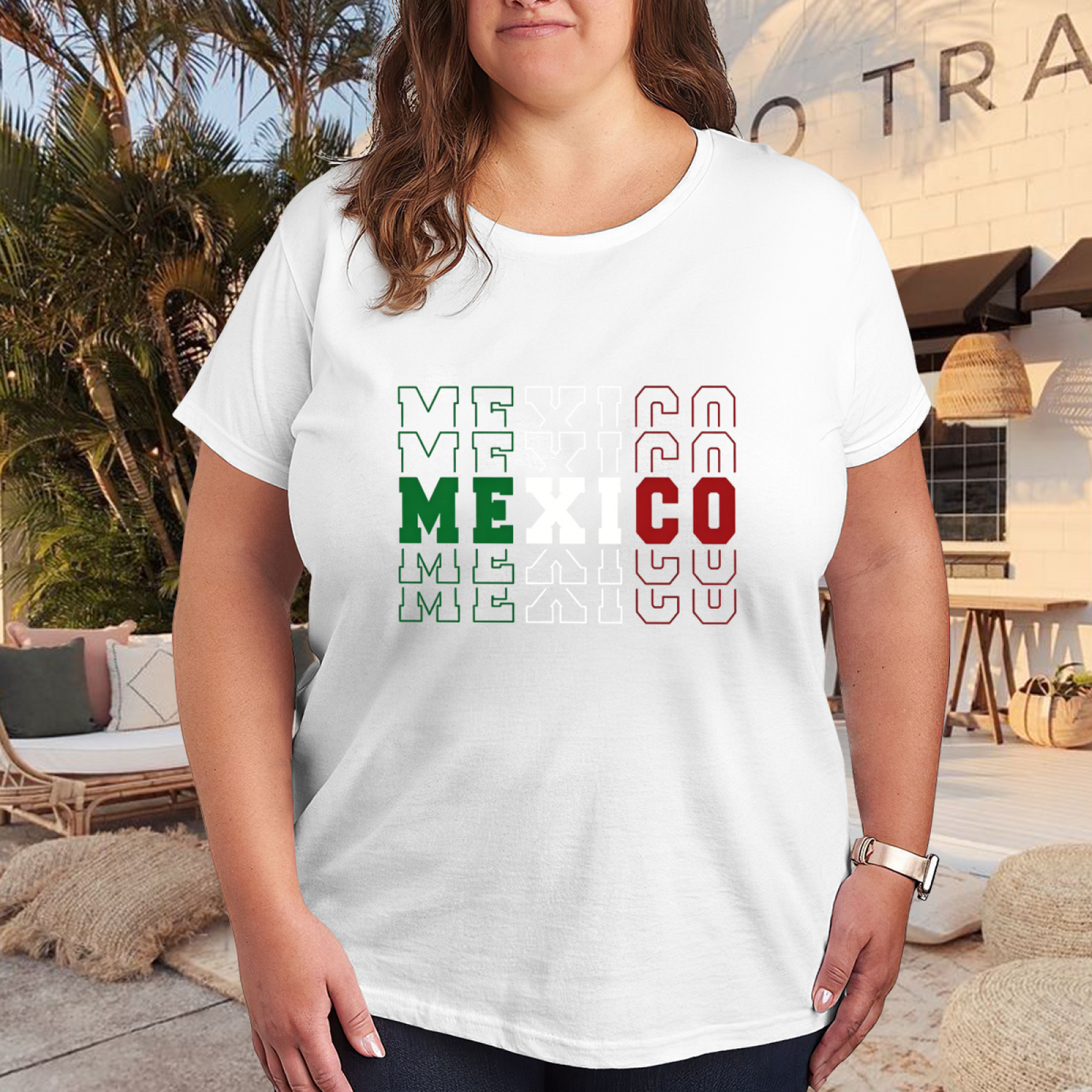 MEXICO Green White Red Stacked Letter Patriotic Print Plus Size Women¡¯s T-Shirt