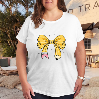 Creative Pencil Bow Teacher Cute Graphic Plus Size Women Printed T-Shirt