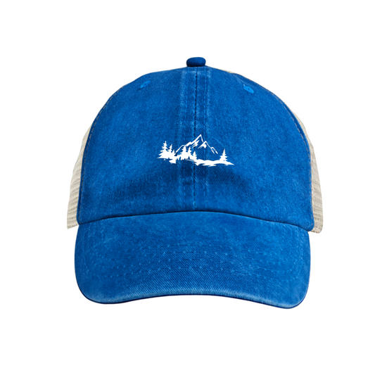 Mountain Pine Tree Wilderness Royal Blue Washed Mesh Outdoor Adventure Hat