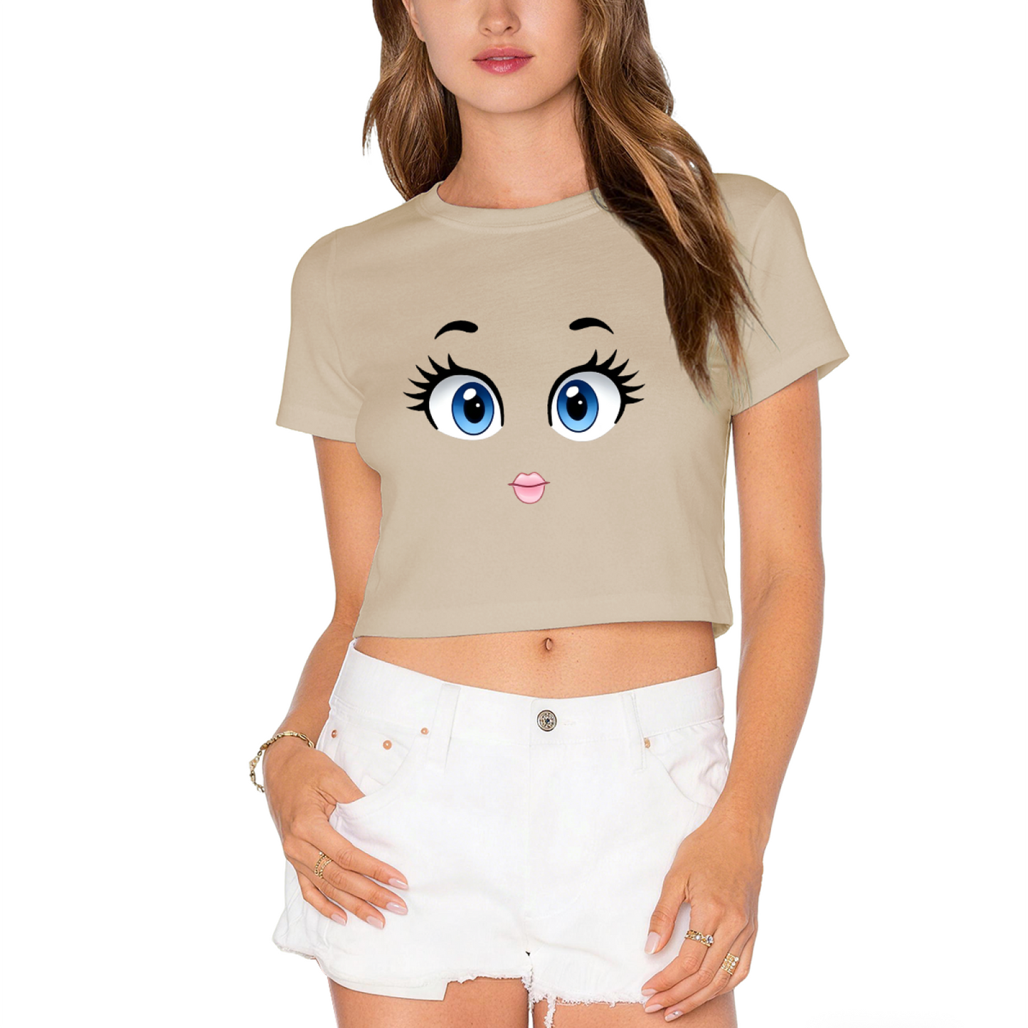 Big Cartoon Doll Eyes Hot Pink Crop Top ¨C Cute Kawaii Face Print  Tee