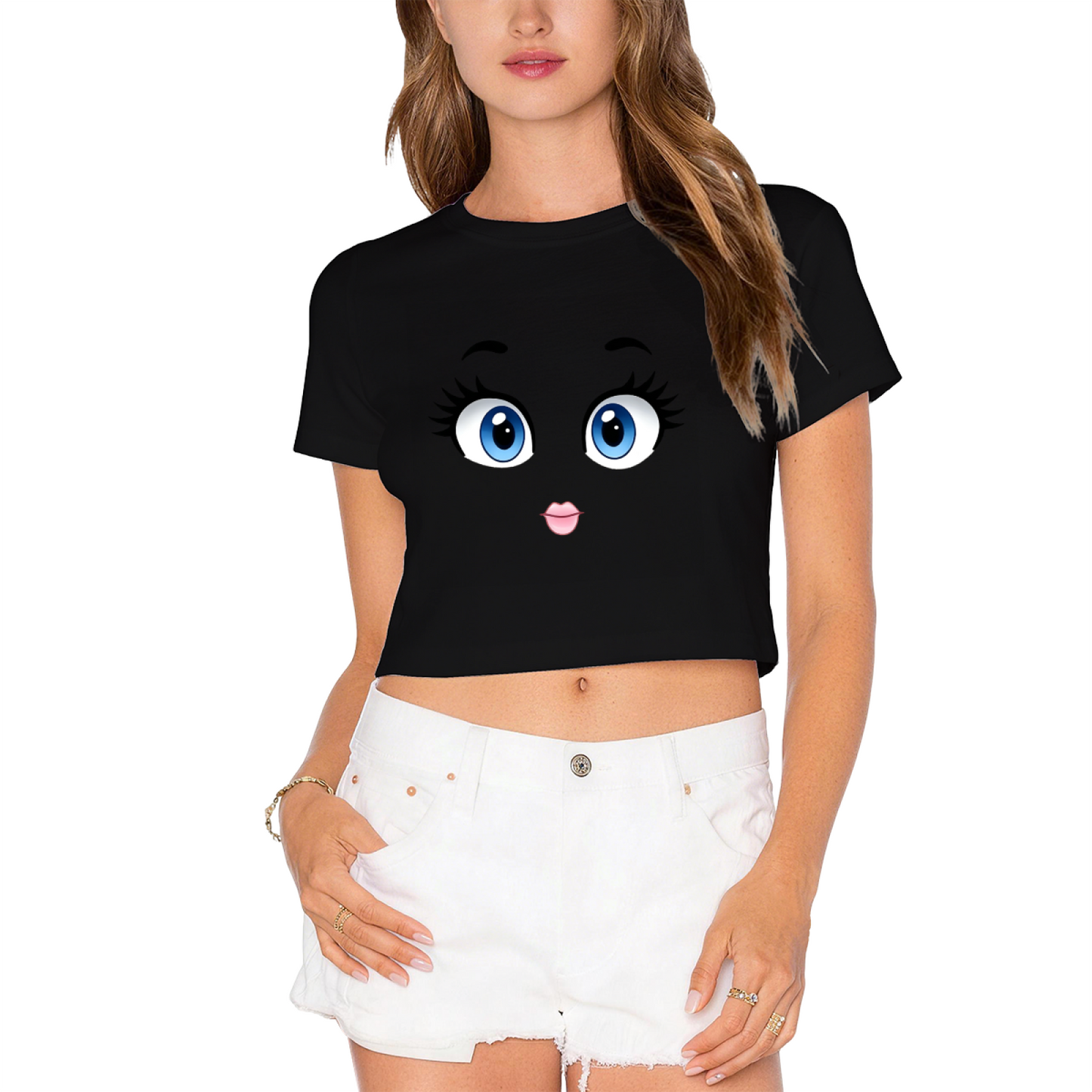 Big Cartoon Doll Eyes Hot Pink Crop Top ¨C Cute Kawaii Face Print  Tee