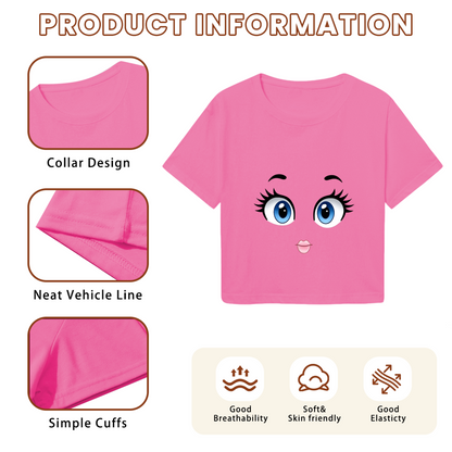 Big Cartoon Doll Eyes Hot Pink Crop Top ¨C Cute Kawaii Face Print  Tee
