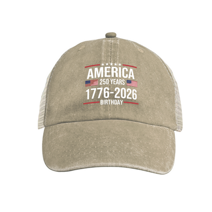 America 250 Years 1776-2026 Flag Star Dusty Wine Red Distressed Trucker Hat, Patriotic Vintage Mesh Cap