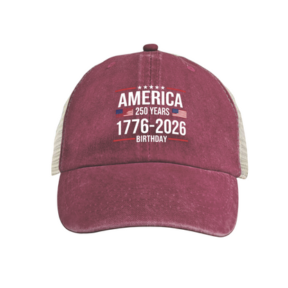 America 250 Years 1776-2026 Flag Star Dusty Wine Red Distressed Trucker Hat, Patriotic Vintage Mesh Cap