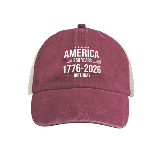America 250 Years 1776-2026 Flag Star Dusty Wine Red Distressed Trucker Hat, Patriotic Vintage Mesh Cap