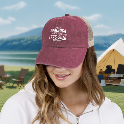 America 250 Years 1776-2026 Flag Star Dusty Wine Red Distressed Trucker Hat, Patriotic Vintage Mesh Cap