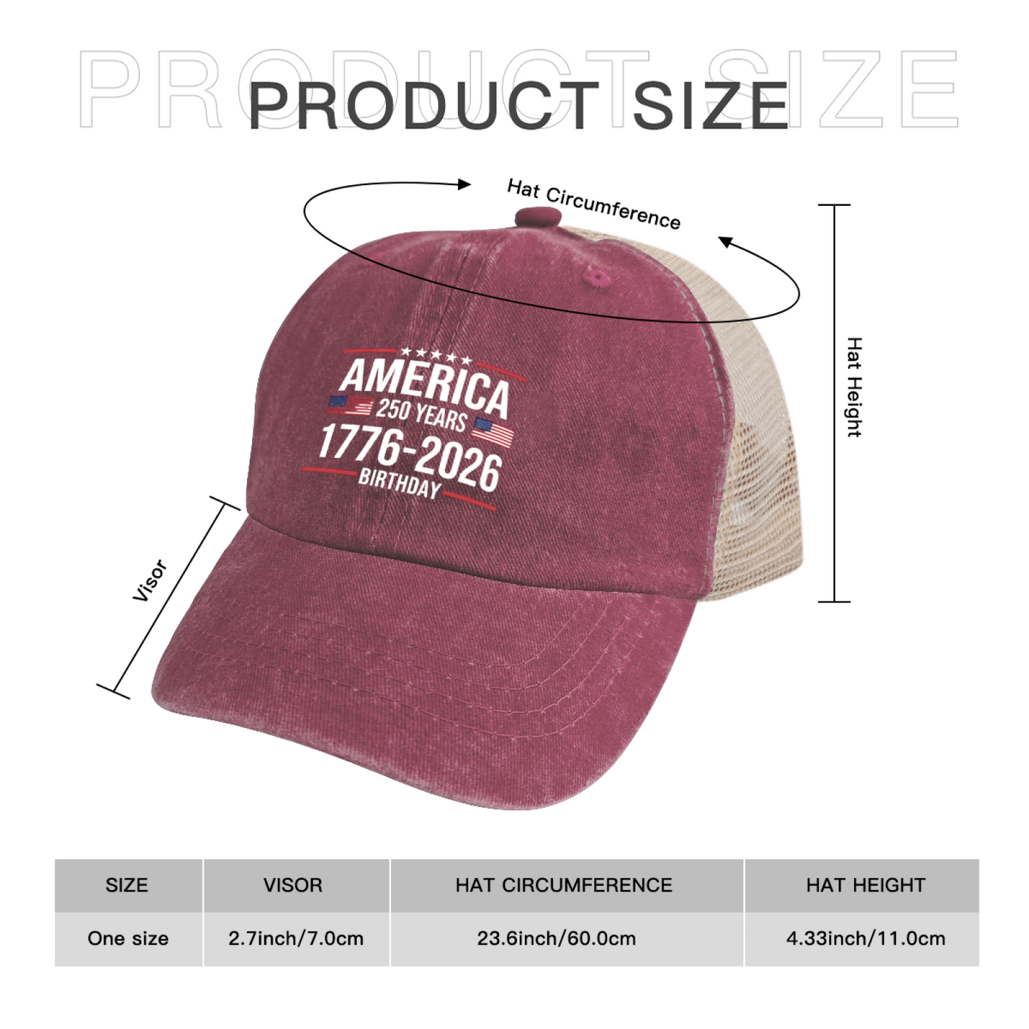 America 250 Years 1776-2026 Flag Star Dusty Wine Red Distressed Trucker Hat, Patriotic Vintage Mesh Cap