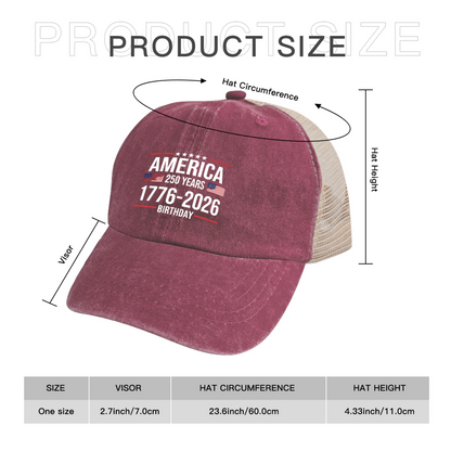 America 250 Years 1776-2026 Flag Star Dusty Wine Red Distressed Trucker Hat, Patriotic Vintage Mesh Cap