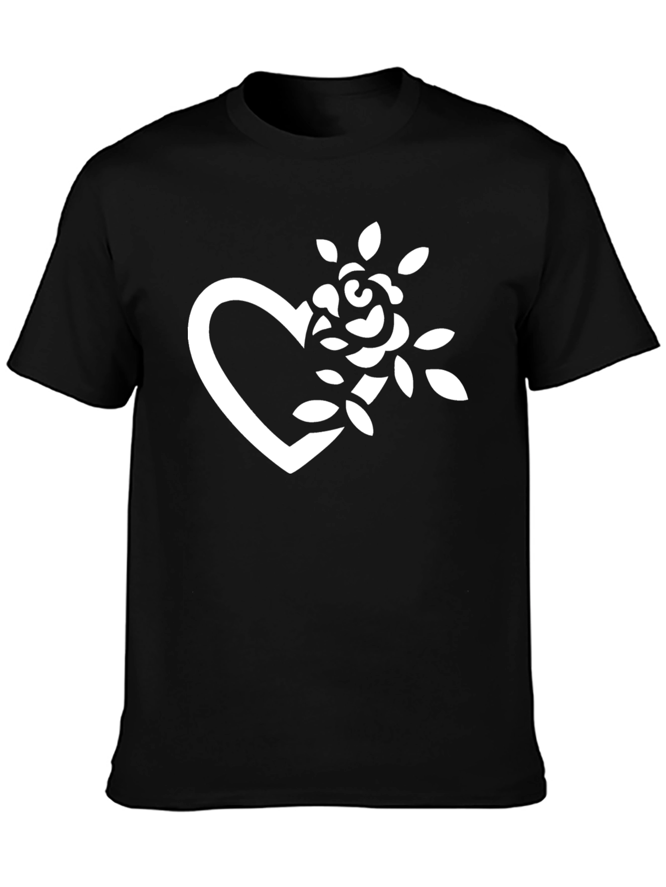 Black T-Shirt with Heart and Rose Graphic